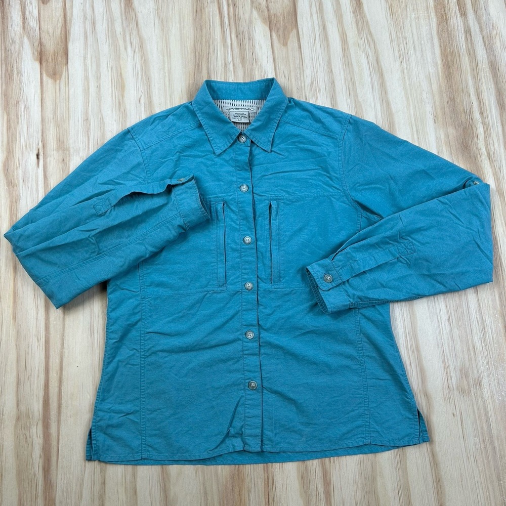 ExOfficio Women's Blue Green Nylon Long Sleeve Hiking Fishing Shirt Small